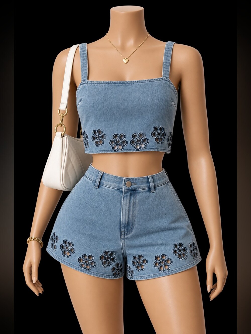 Blue Blush Floral Embroidered Denim Matching Set Crop Top & Shorts Small